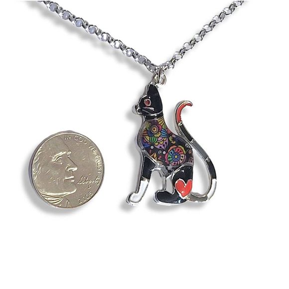 Silver-Tone Multi-Color Hodge Podge Enamel Black Cat Pendant 20" + 3" Extender - Picture 3 of 3